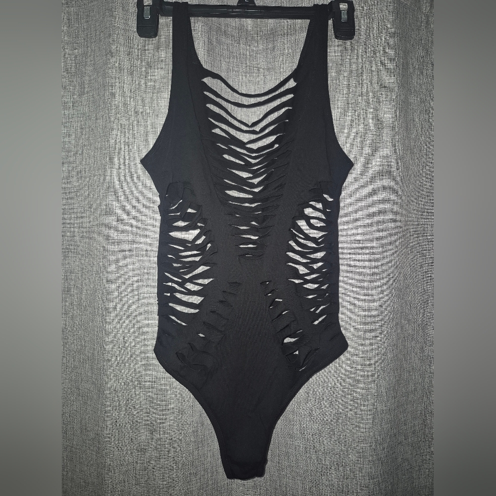 Black Shredded Strap Bodysuit